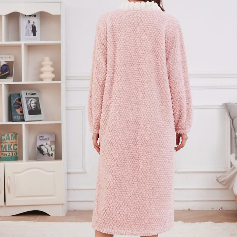 LYCY Womens Plush Robe, Soft Fluffy Bathrobe for Women Winter Button Warm Loungewear3