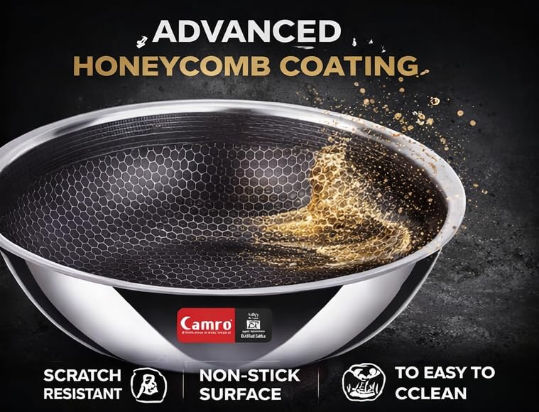 Image of Camro Stainless Steel Tasla 8 Litre 34 Cm | Triply Honeycomb Extra Deep Tasla with Lid | 3-Layer Body | Tri ply Kadai Cookwear Taslas for Cooking | Induction & Gas Stove