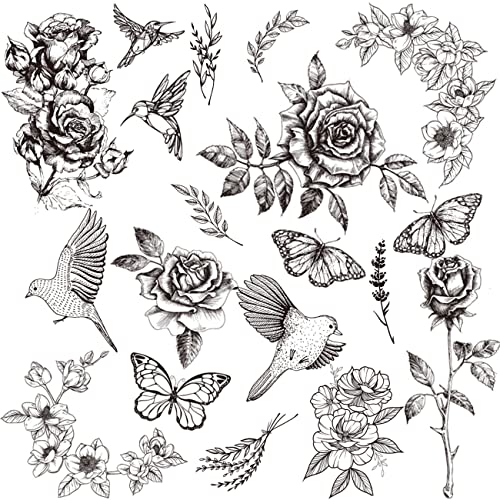 Realistic Black Flower Temporary Tattoos for Women - Rose Swallow...