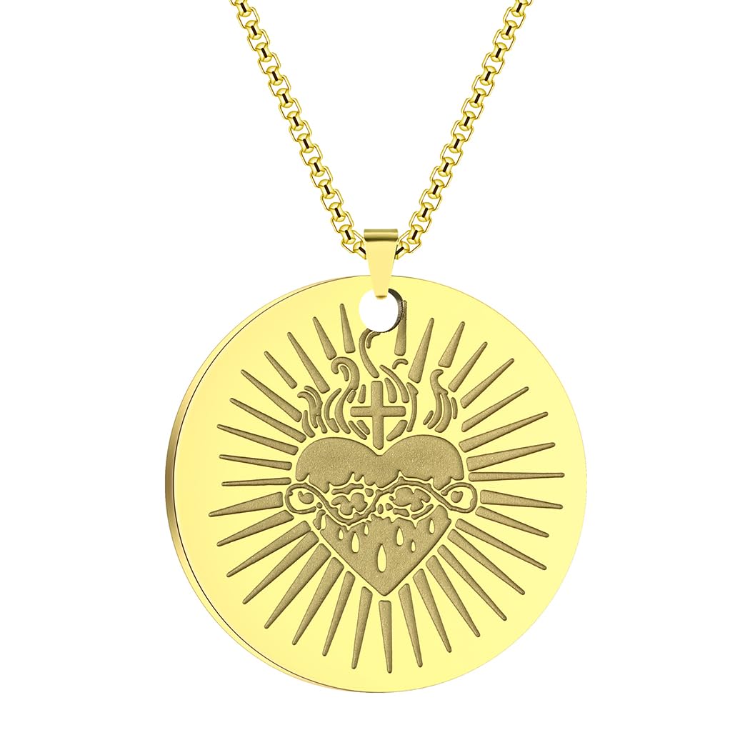 CheredaGold Sacred Heart Necklace, 14K Solid Gold Sacred Heart Pendant, Heart of Jesus Charm, Religious Sacred Heart Jewelry, Heart Gold Disc