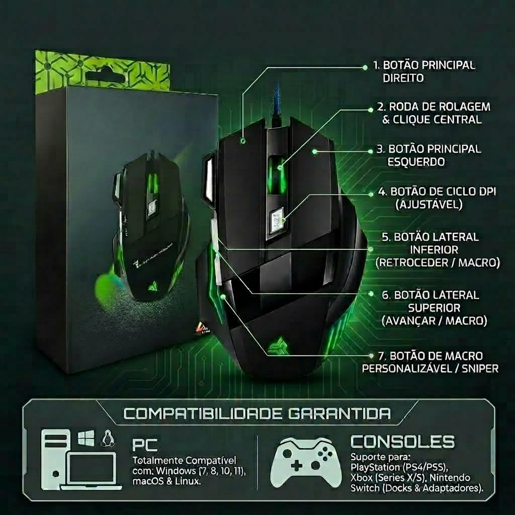 【Mute King】 Kit Gamer Teclado Mecânico Silent Low Profile e Mouse RGB 7 Botões