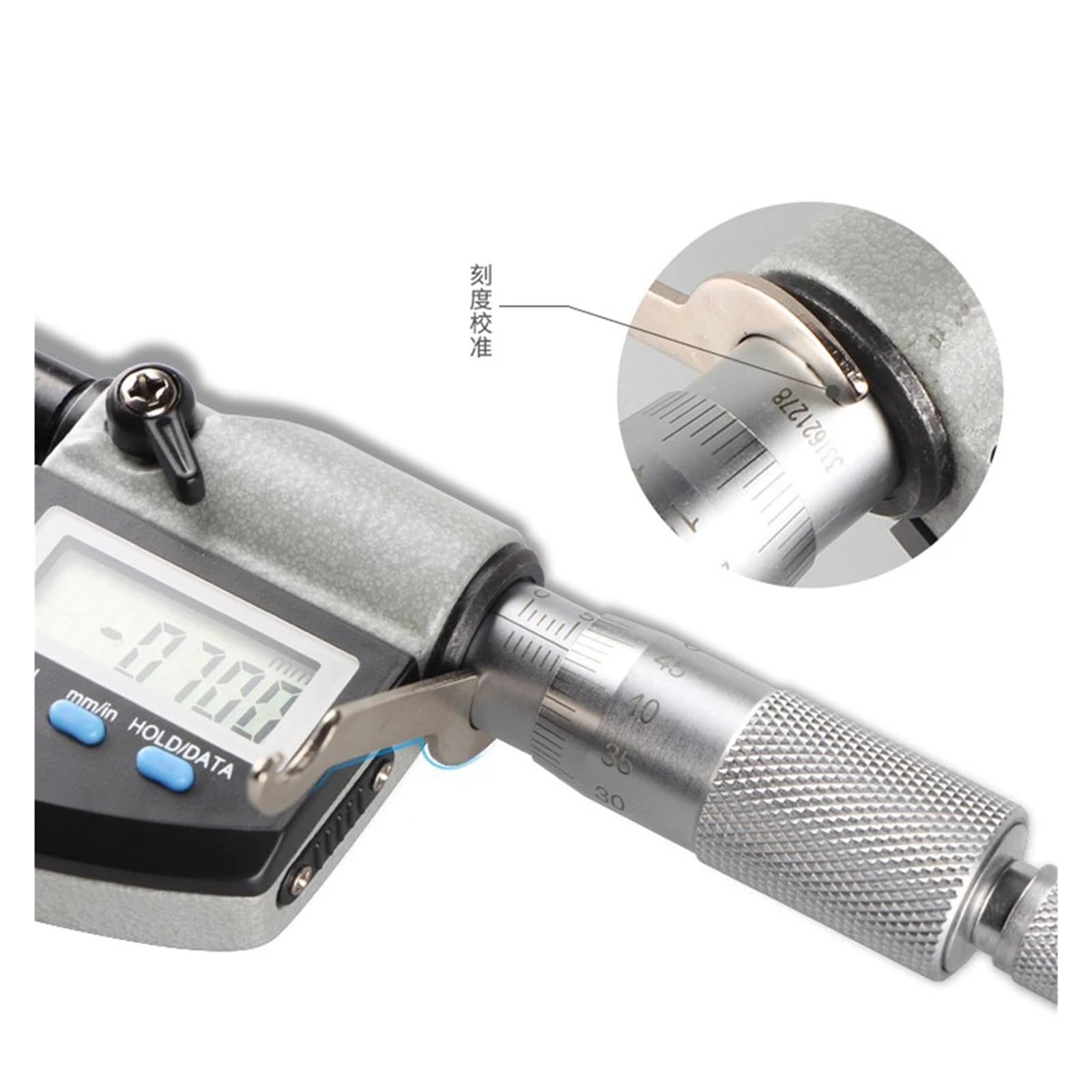 calibrar Micrómetro digital de 0-25 mm con herramienta de medición grabada y cabezal diferencial en espiral.