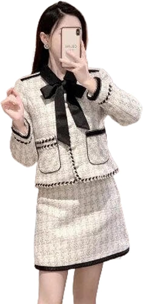 Amazon.com: Autumn Winter Vintage Bowknot Lace-Up Tweed Jacket+