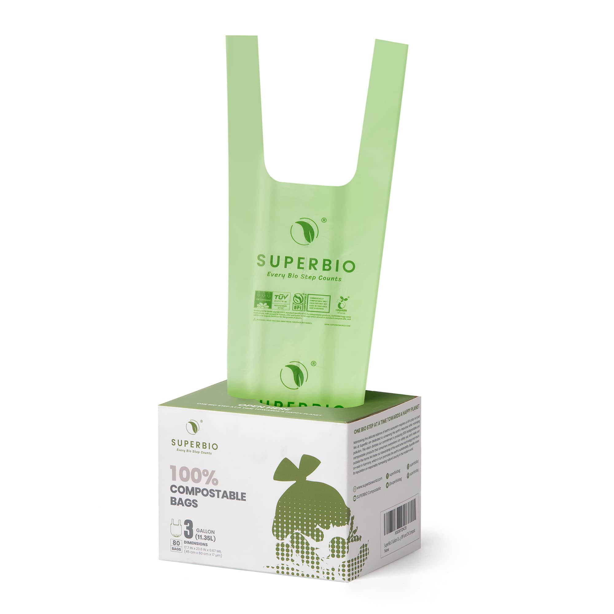 SUPERBIO 3 Gallon Handle Tie Food Waste Bags, 80 Count, Food Scrap Bags, BPI (commercially compostable only) and OK compost HOME, OK compost INDUSTRIAL