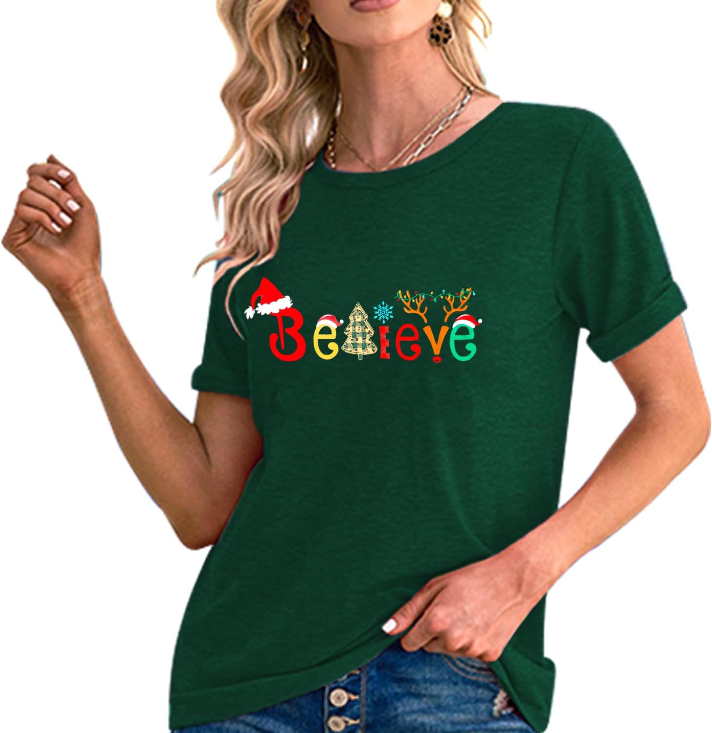 Believe Christmas Shirts for Women Christmas Tree T-Shirt Believe Letter Graphic Tees Tops - Image 4