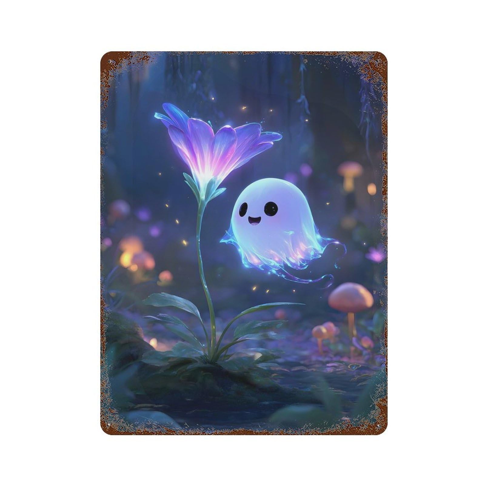 Cute Ghost And Flower in Forest Rusty Metal Tin Sign 15.7"x11.8", Farmhouse Wall Decor for Farmhouse, Kitchen And Entryway Decor