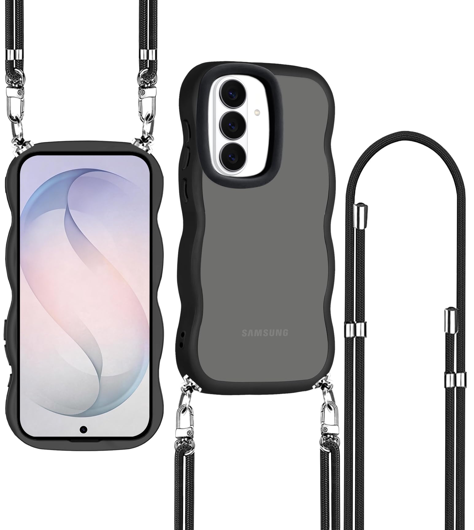 ATUSIDUN Galaxy S26 用 ケース ショルダー 半クリア galaxy s26 SG-51G SCG36 カバー 肩掛け 斜めかけ 首かけ 縄掛けケース 耐衝撃 半透明 波型 うねうね かわいい 韓国 ギャラクシーs26 スマホケース ストラップ付き ネックストラップ 取り外し可能 調節可能な ウェーブカバー (ブラック)