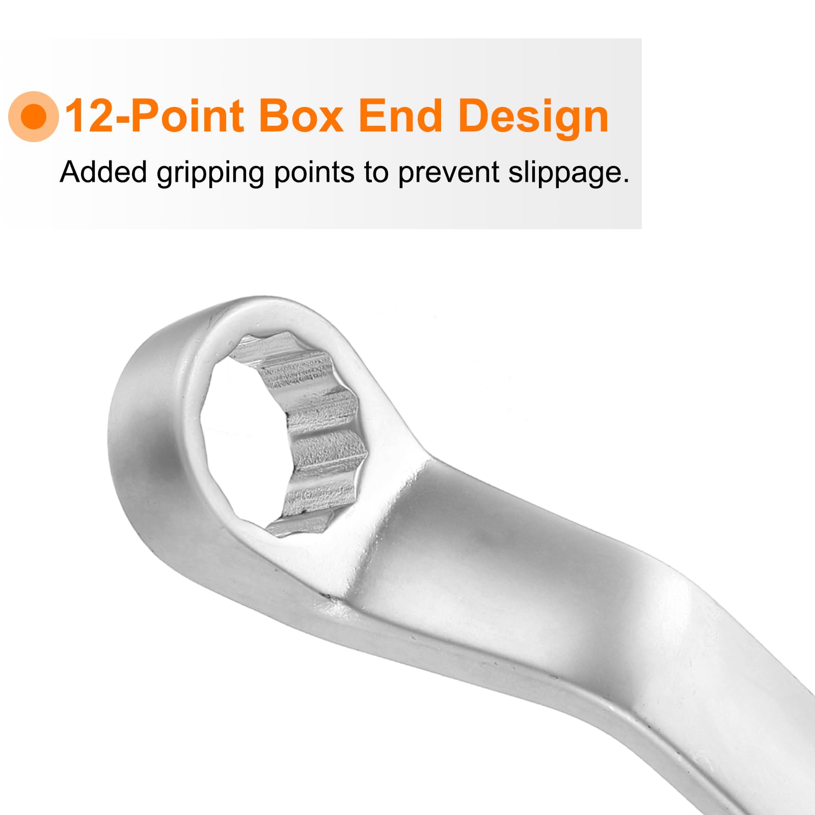 Llave de Boca acodada extralarga de 21 x 23 mm, métrica, de 12 Puntas, con ángulo de 75 Grados, de Doble Extremo y trinquete, Fabricada en Acero al Carbono Pulido.