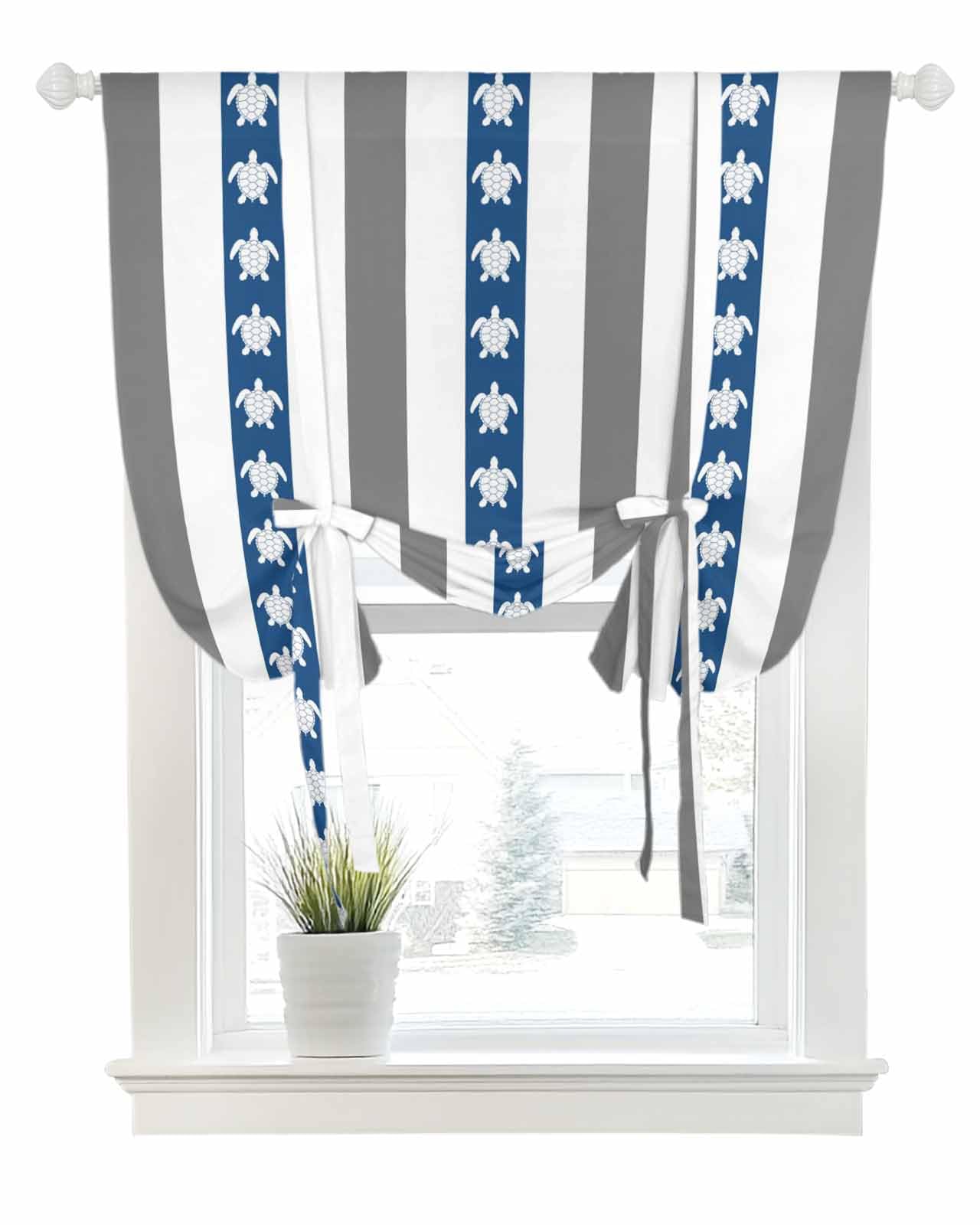 Tie Up Curtains for Windows Retro Marine Turtle Rod Pocket Tie-Up Window Shade Adjustable Balloon Curtain Valance Gray Blue White Stripe for Bedroom Kitchen Bathroom Blinds,42x45in