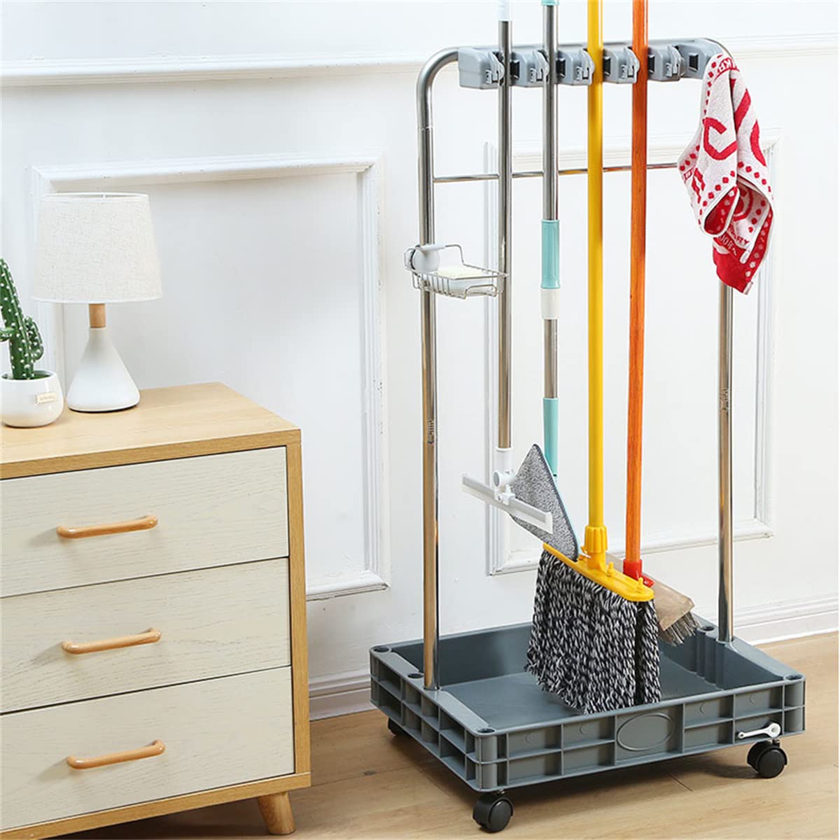 Xsdajsd Broom And Mop Holder, Stainless Steel Cleaning Cart, Movable Janitorial Cart With Wheels, Floor Mounted Home Cleaning Cart For Garden Factory Cleaning Tools Storage,5 Slots