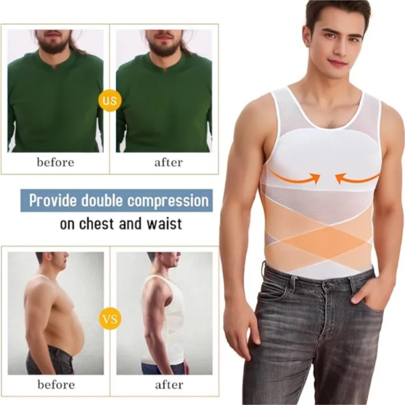 Body Shaper Weste für Männer Kompressionsshirts for Männer Shapewear for Brust und Bauchkontrolle, Body Shaper, Abnehmen, Unterhemd, Workout-Weste, Tanktop Für Fitness geeignet(White,XXL)