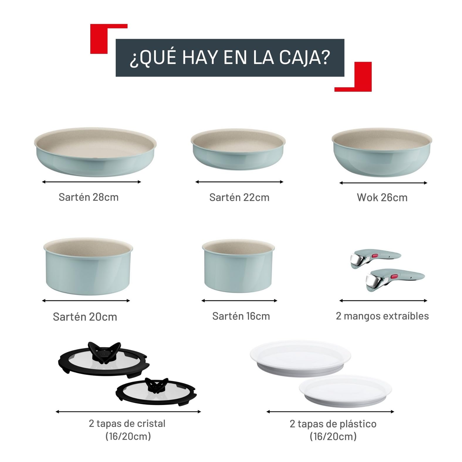 Tefal Ingenio Serenity - Juego de 2 Sartenes 22/28 cm + Wok 26 cm + 2 Cazos 16/20 cm + 4 Accesorios + 2 Mangos, Revestimiento Antiadherente, Apilable, Inducción, Apto lavavajillas y horno, Eucalipto — view 2
