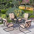 PHI VILLA 5 Piece Patio Dining Set, 4 pcs C-Spring Motion Chairs with Padded Relaxing Cushion & 1 Sqaure 37"x 37" Outdoor Metal Dining Table with 1.57" Umbrella Hole, Beige Cushion