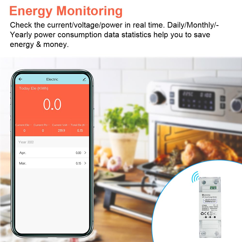 KETOTEK Smart Stromzähler Hutschiene WLAN 1 Phasen Strommessgerät AC 5(65) A 90-250V Digitaler LCD Fernbedienung Din Rail Wechselstromzähler von Smart Life/Tuya App