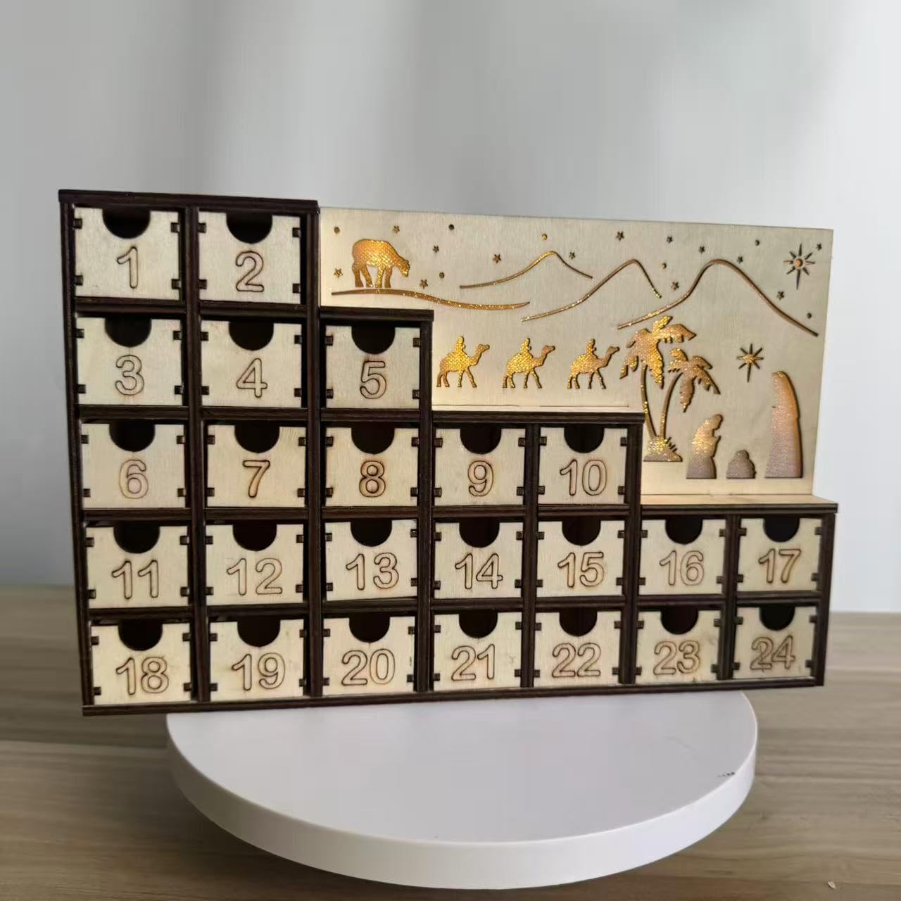Weihnachtskrippen-Adventskalender aus Holz mit integrierten LED-Lichtern, Urlaubs-Countdown-Ornament & Wohnkultur aus Holz Weihnachten beleuchteter Adventskalender
