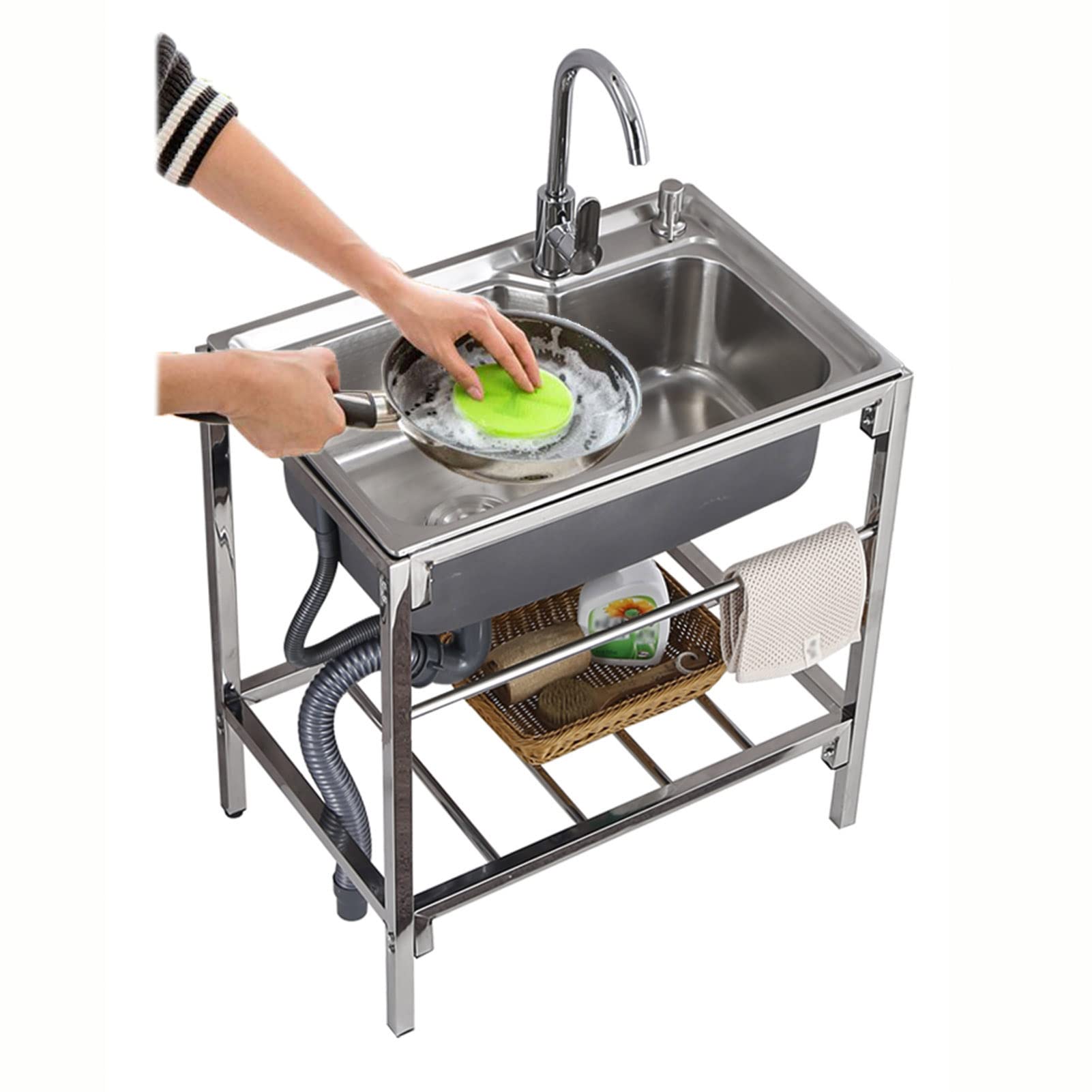 TAXXII Single Bowl Stainless Steel Utility Sink Commercial Kitchen with Faucet, Free Standing 1 Compartment Deep Oversized Storage Shelves for Indoor Outdoor