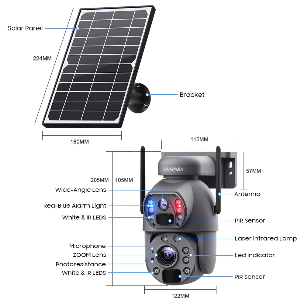SHIWOJIA 20X Telecamera di Sorveglianza 4G Esterna, 6MP 360° PTZ Telecamera da Esterno Solare con Doppia Lente, Batteria Ricaricabile, 150m Visione Notturna a Colori, PIR Rilevamento Intelligente