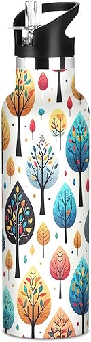 Kids Water Bottle with Straw 20 Oz, Kids Stainless Steel Vacuum Insulated Water Bottle for Travel or School, BPA-Free, Playful Trees