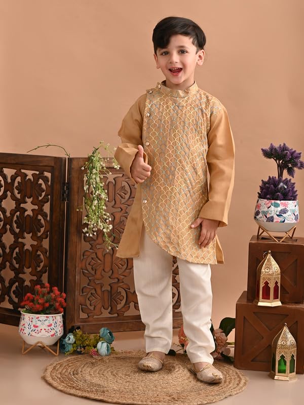 Image of superminis Baby Boys Cotton Side Open Embroidery Kurta and White Pyjama Set