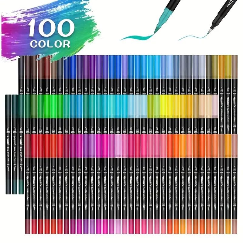 Image of PROTON 100 Color Dual Tip Brush Pens Set with Carrying Case - Water-Based Marker Pens with Fine & Brush Tips - Non-Toxic Art Markers for Drawing, Coloring, Calligraphy, Bullet Journaling (1)