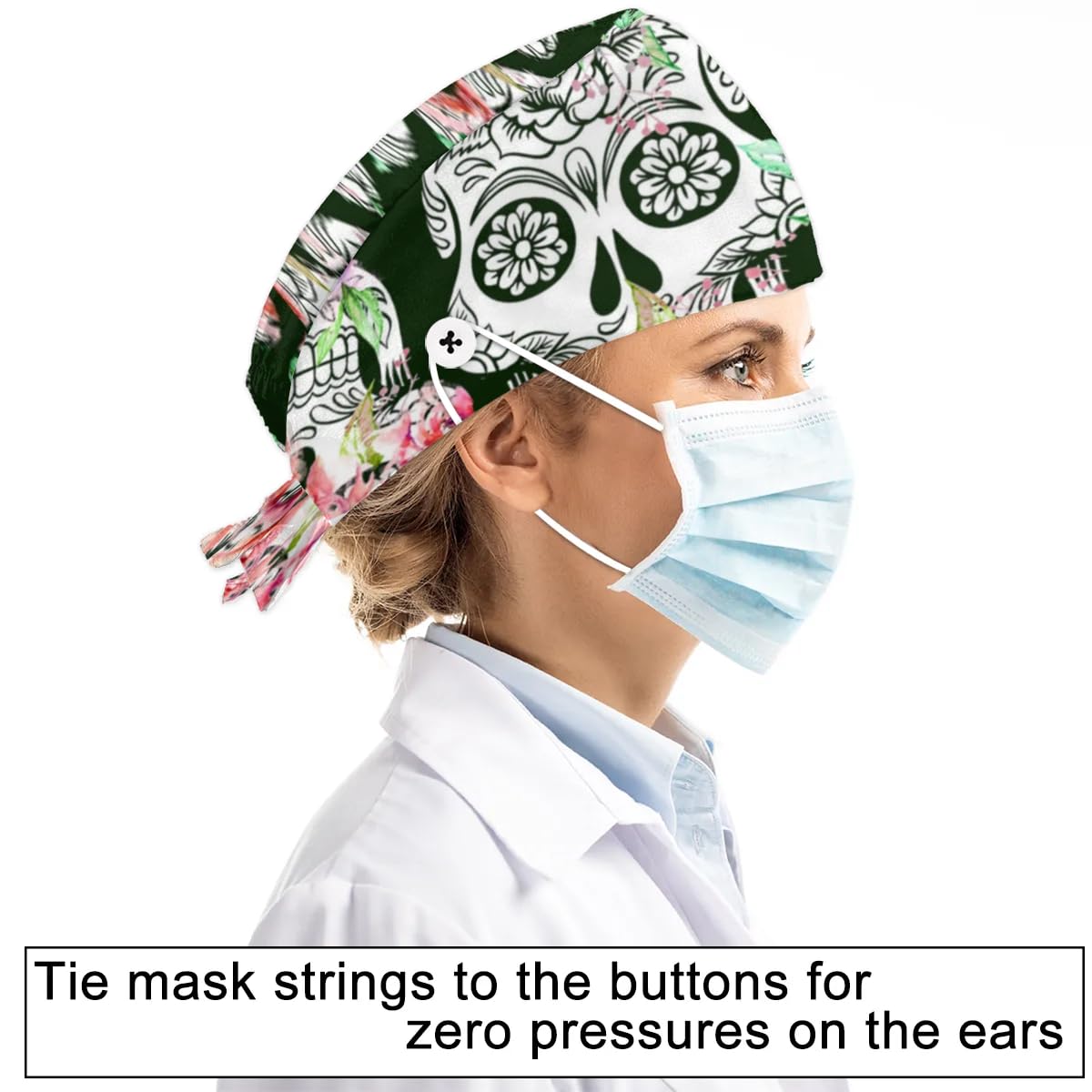 Mularoka Flower Skulls Working Caps with Button Sweatband Comfortable Adjustable Bouffant Hats Work Hat for Women Men