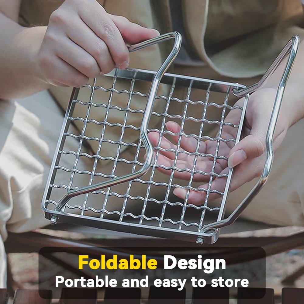 Mini Griglia Portatile, 16 x 16cm Griglia Barbecue, Griglia da Campeggio Pieghevole in Acciaio Inossidabile per Esterni Escursioni, Escursioni, Picnic, Pesca