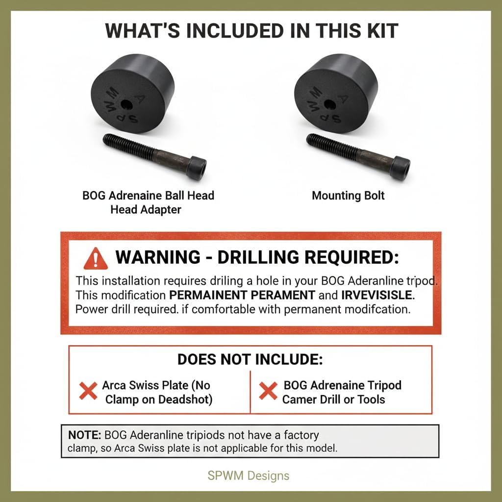 Ball Head Adapter for BOG Adrenaline Tripod - Camera Mount - Warning Drilling Required Permanent Modification - Photography Equipment - Designed and Manufactured in USA