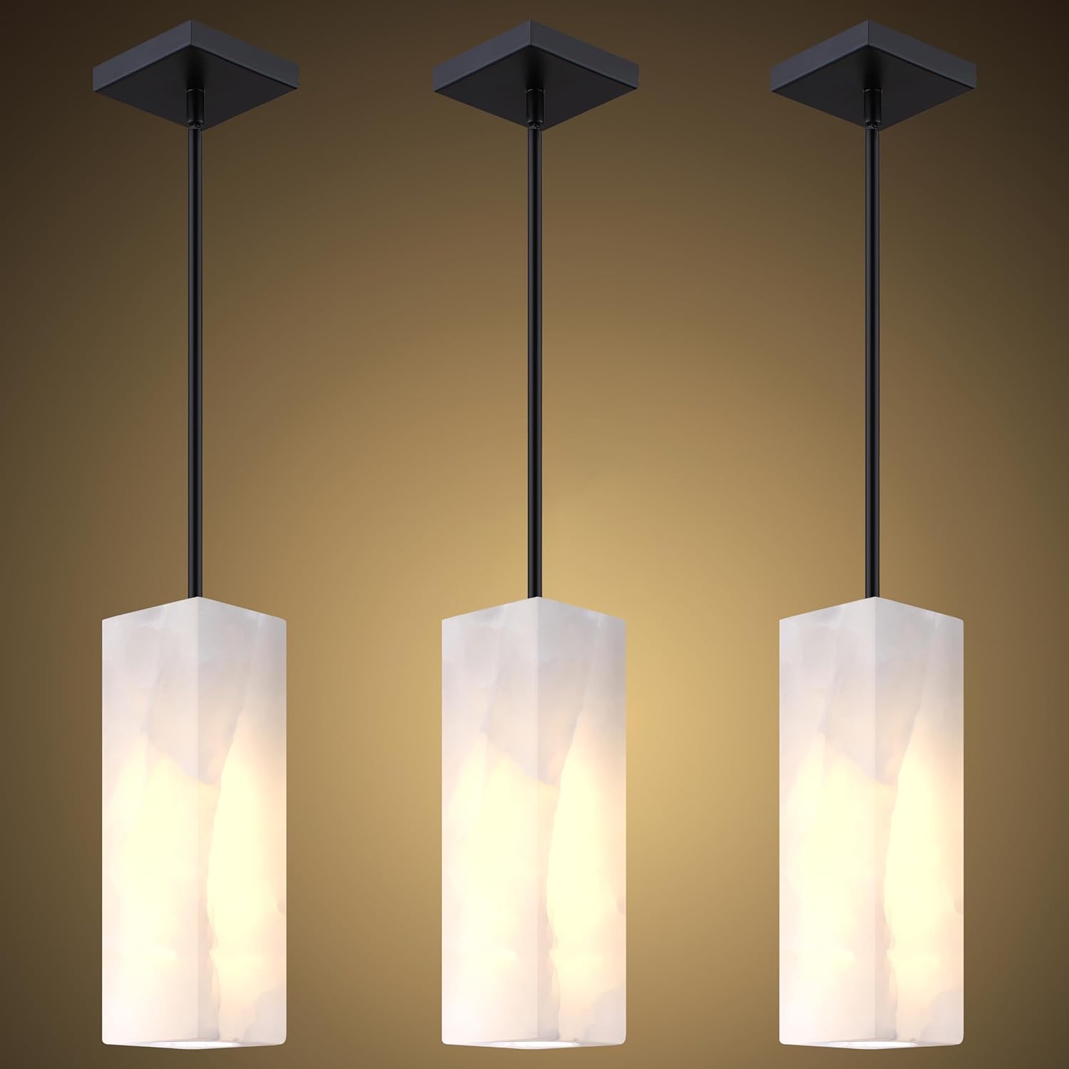 Natural Alabaster Square Marble Hanging Kitchen Island Modern Industrial Farmhouse Pendant Ceiling Light Fixture,3 Pack Black Finish Over Sink Restaurant bar Corridor