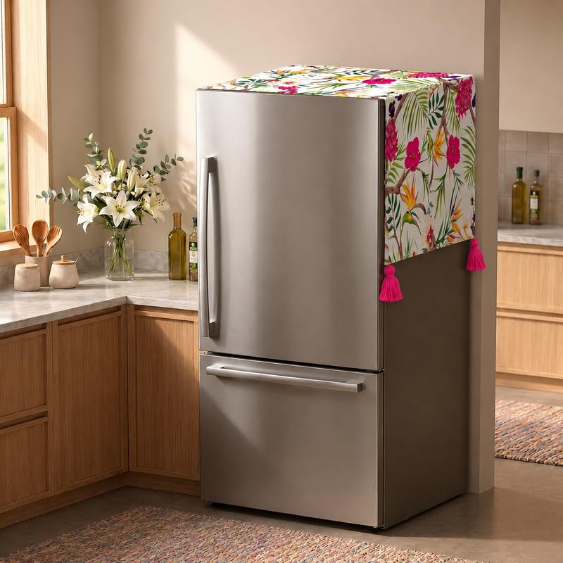 Image of WWW.THROWPILLOW.IN Fridge Top Cover with Tassels for Double Door 250-400L | Medium Size Dustproof Refrigerator Cover | Corner Tassels | Floral Print | Double Door Fridge Cover Mat