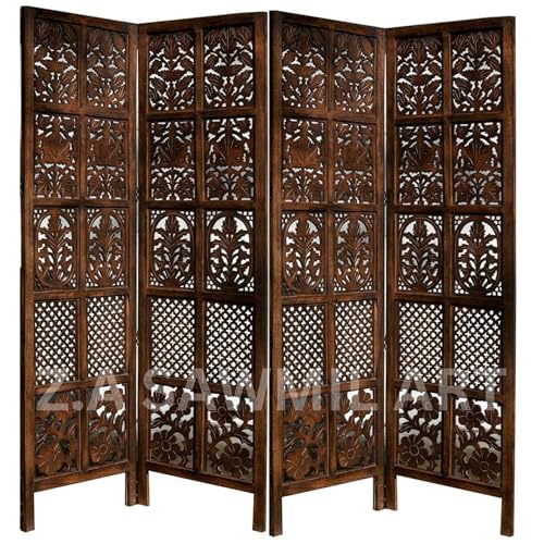 Image of Wooden Partition for Living Room, Privacy Divider, Wooden Room Separator, Divider for Office, Partition for Puja Room, (Mix Frame Design - Brown) (6 Feet 4 Panel)