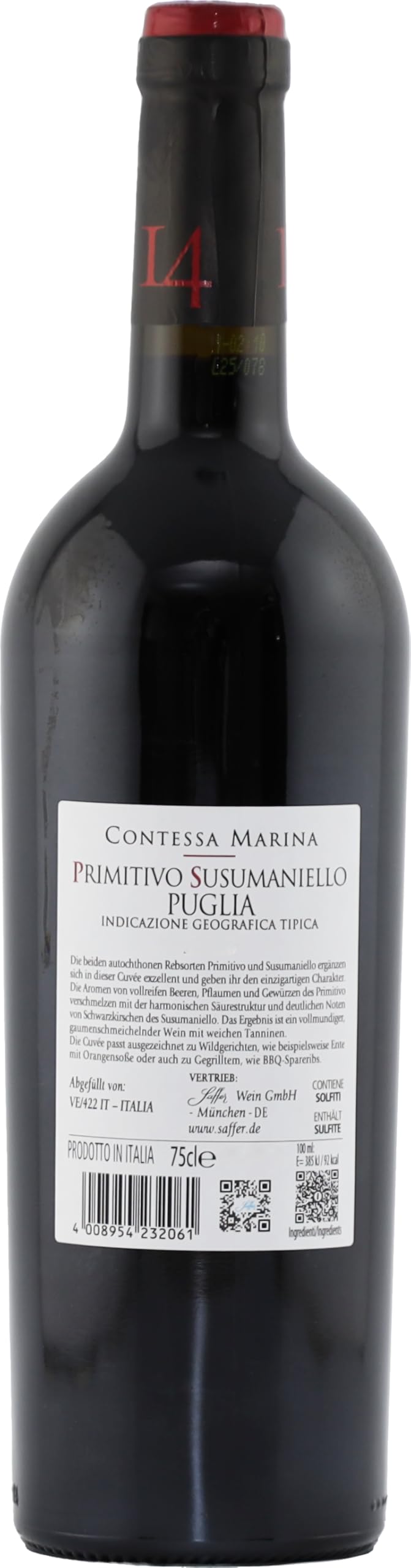 Primitivo Susumaniello Puglia IGT 14 Contessa Marina Apulien Rotwein halbtrocken (6 x 0.75l)
