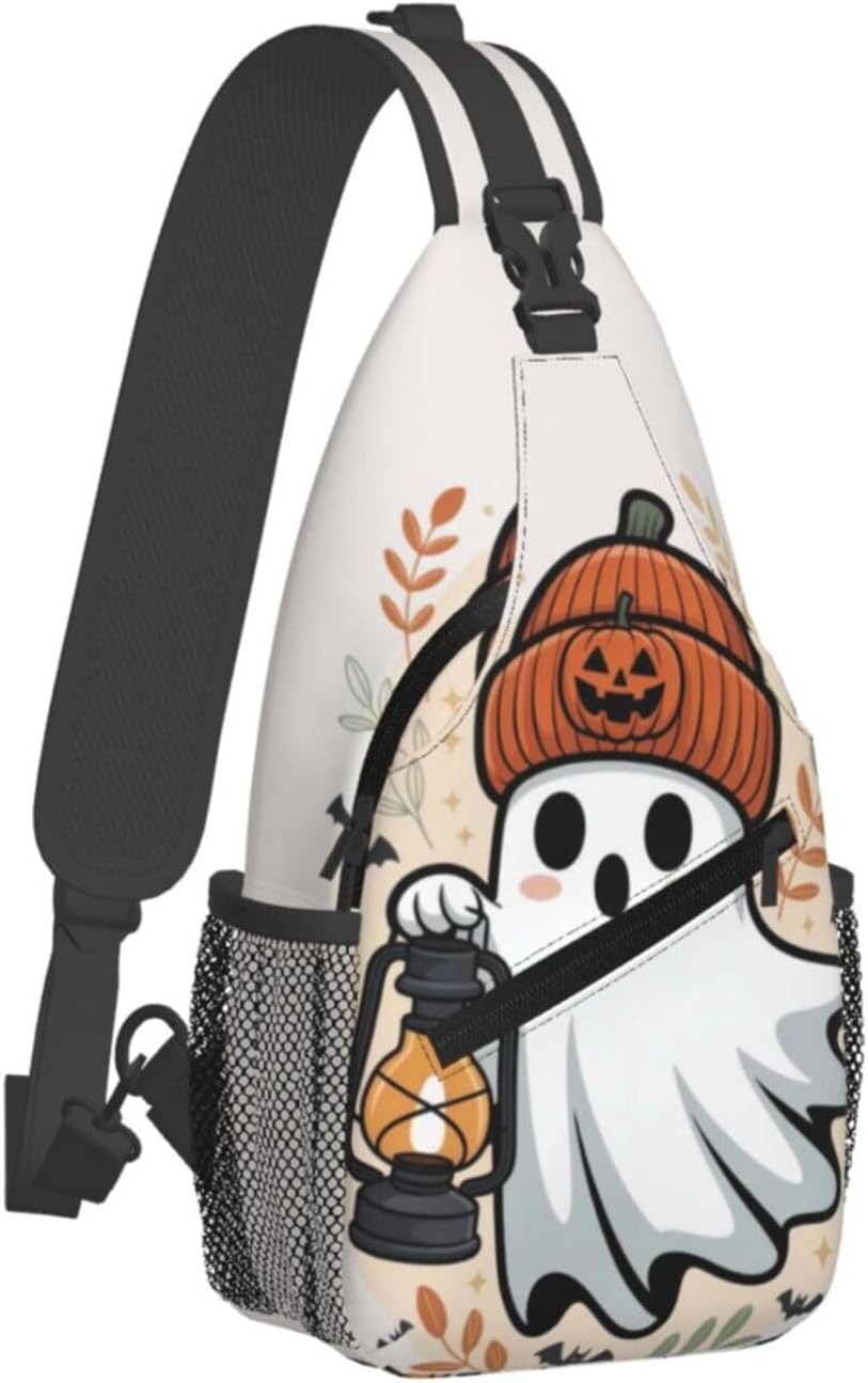 Halloween Crossbody Sling Bag Adjustable Cute Halloween Ghost Chest Bag Sling Backpack For Women Men Casual Shoulder Bag Daypack