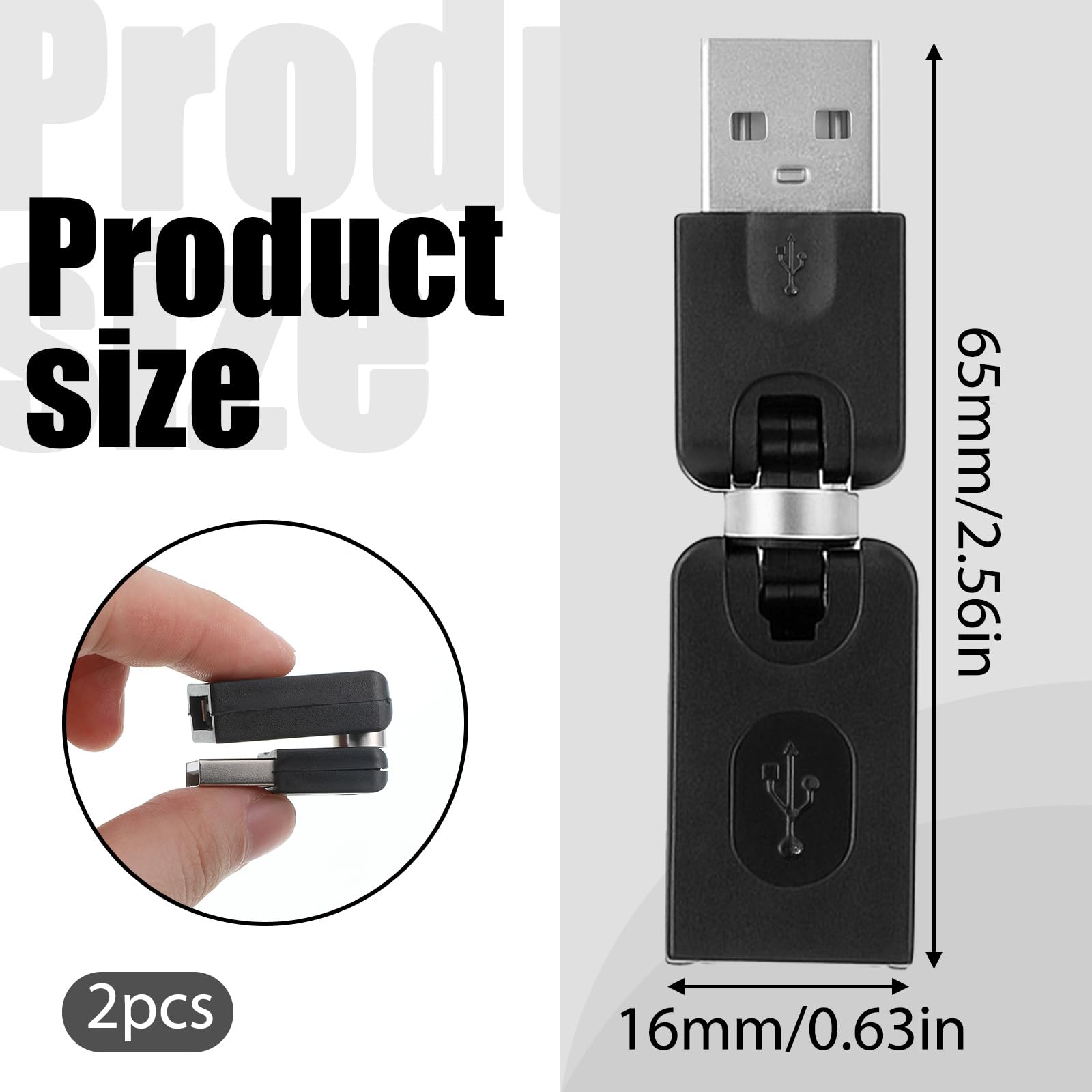 Confezione da 2 adattatori USB 2.0 girevoli a 360 gradi, da tipo A maschio a tipo A femmina, adattatore USB 2.0 nero regolabile ad angolo retto (AM-FM)