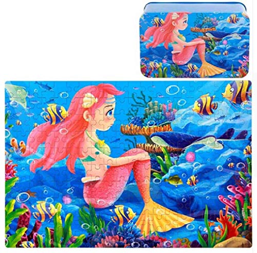 Aimeio 200 Pieces Wooden Mermiad Jigsaw Puzzle Kids Educational Puzzles Toys to Develop Dexterity and Problem Solving with Metal Storage Box