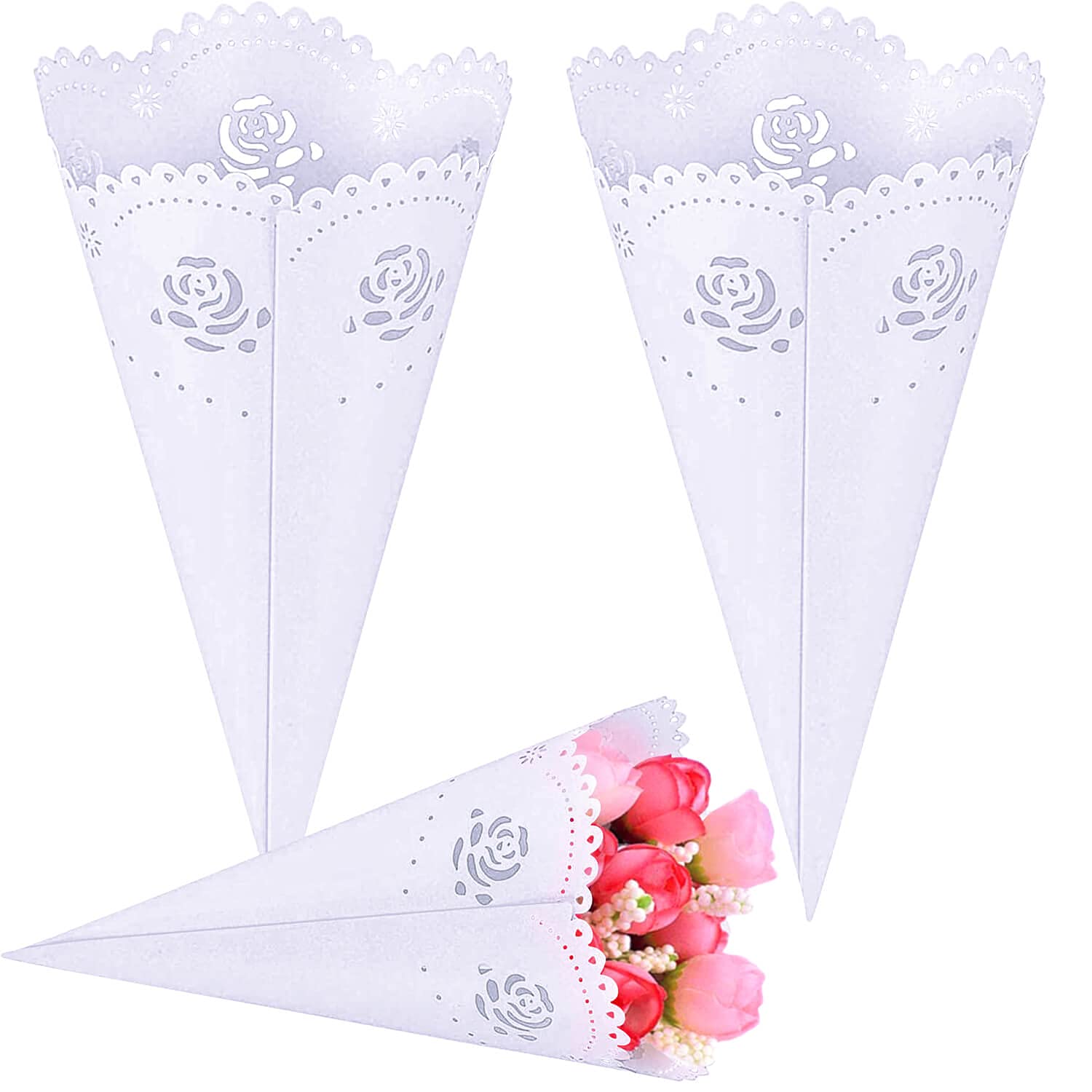 Tomkity 100 Piezas Conos de Arroz Blanco para Boda para Confeti Cucuruchos Cuerda de Cáñamo con Etiqueta Adhesiva