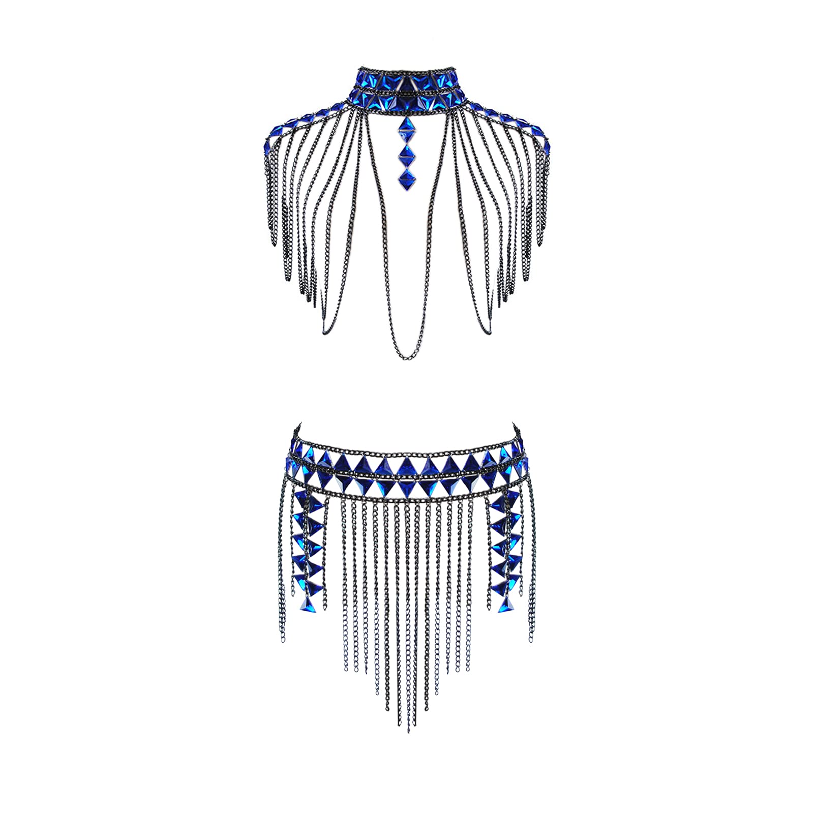 Sinkcangwu Boho Jewelry Set Body Chain Suit Tribal Harness Bra Crop Top Necklace Skirt for Women Summer Beach Party