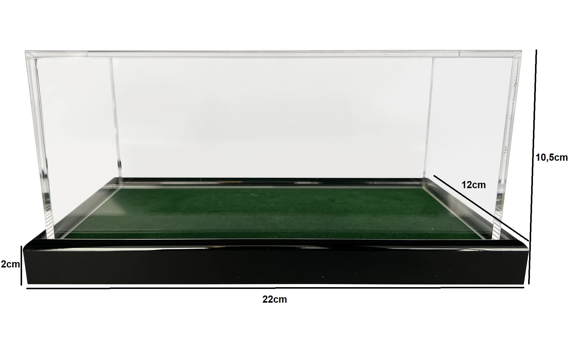 Grande Universal acrilico vetrina 22 x 12 x 10,5 cm / Showcase / bacheca con fondo verde scuro p.es. per palla da tennis, baseball, 3 palla da Golf , Personaggi, modello automobile, orologi