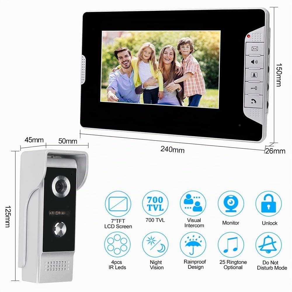 7 Pulgadas de Doble vía de Intercomunicacion por Cable, 110-240V Cámara de Vision Nocturna,Pantalla LCD TFT,Soporte de Desbloqueo,Vigilancia,para Villa Casa Oficina Apartamento