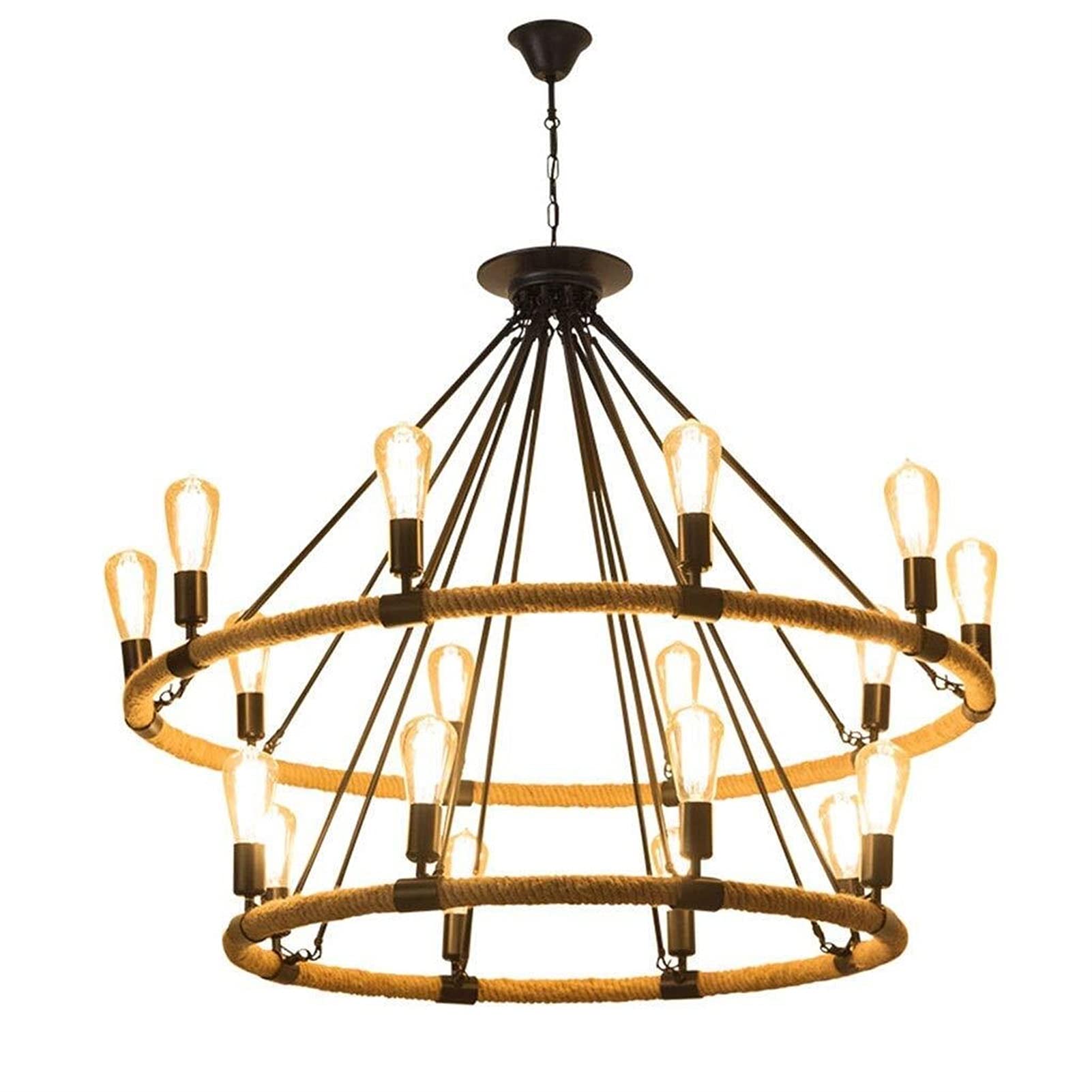 Lampadario in corda di canapa intrecciata a mano, illuminazione a più teste, mobili in ferro battuto, a doppio strato, rotonda, per libreria, hotel, luci decorative retrò.