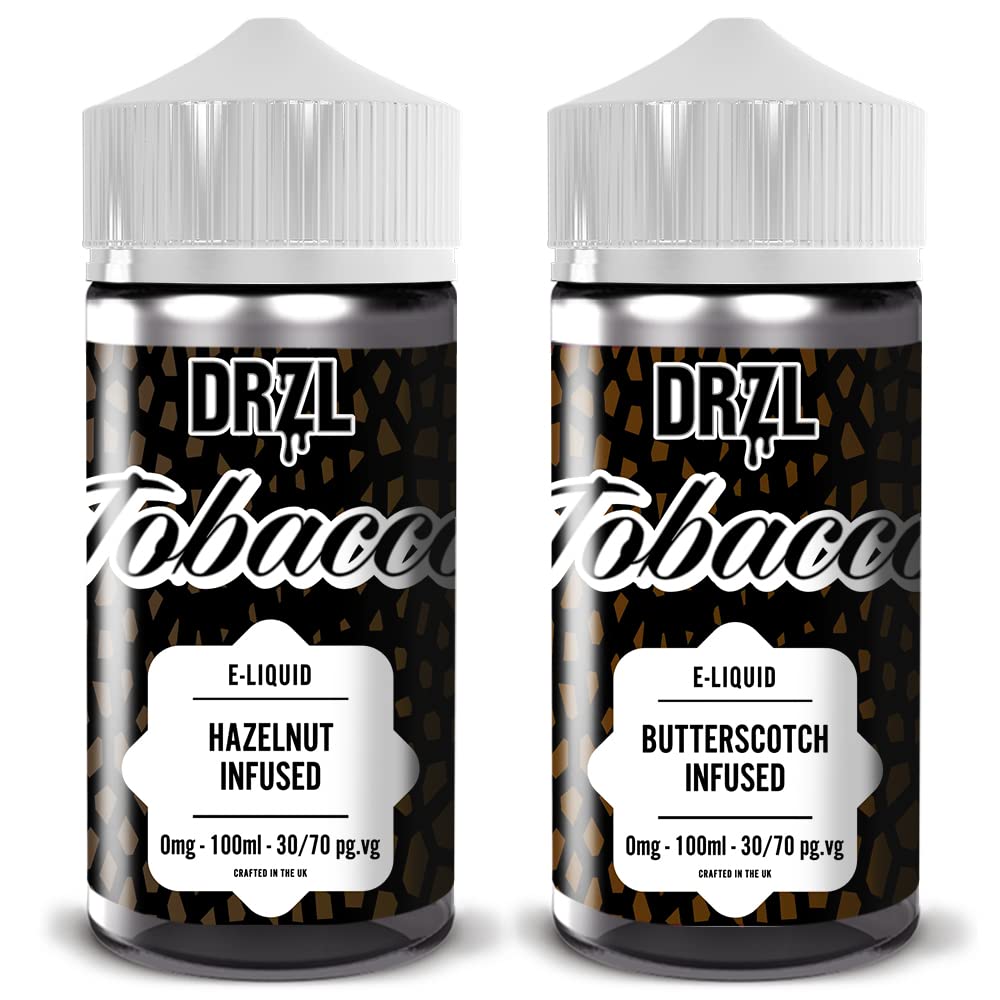 Vape Liquid, 2 x 100ml, Vape Juice, E Cigarette, For Vape Kits, Vape Gifts, Sub Ohm Ecig, No Nicotine, Shortfill, Premium [Hazelnut + Butterascotch Tobacco] Flavour E Liquid (By Drzl)
