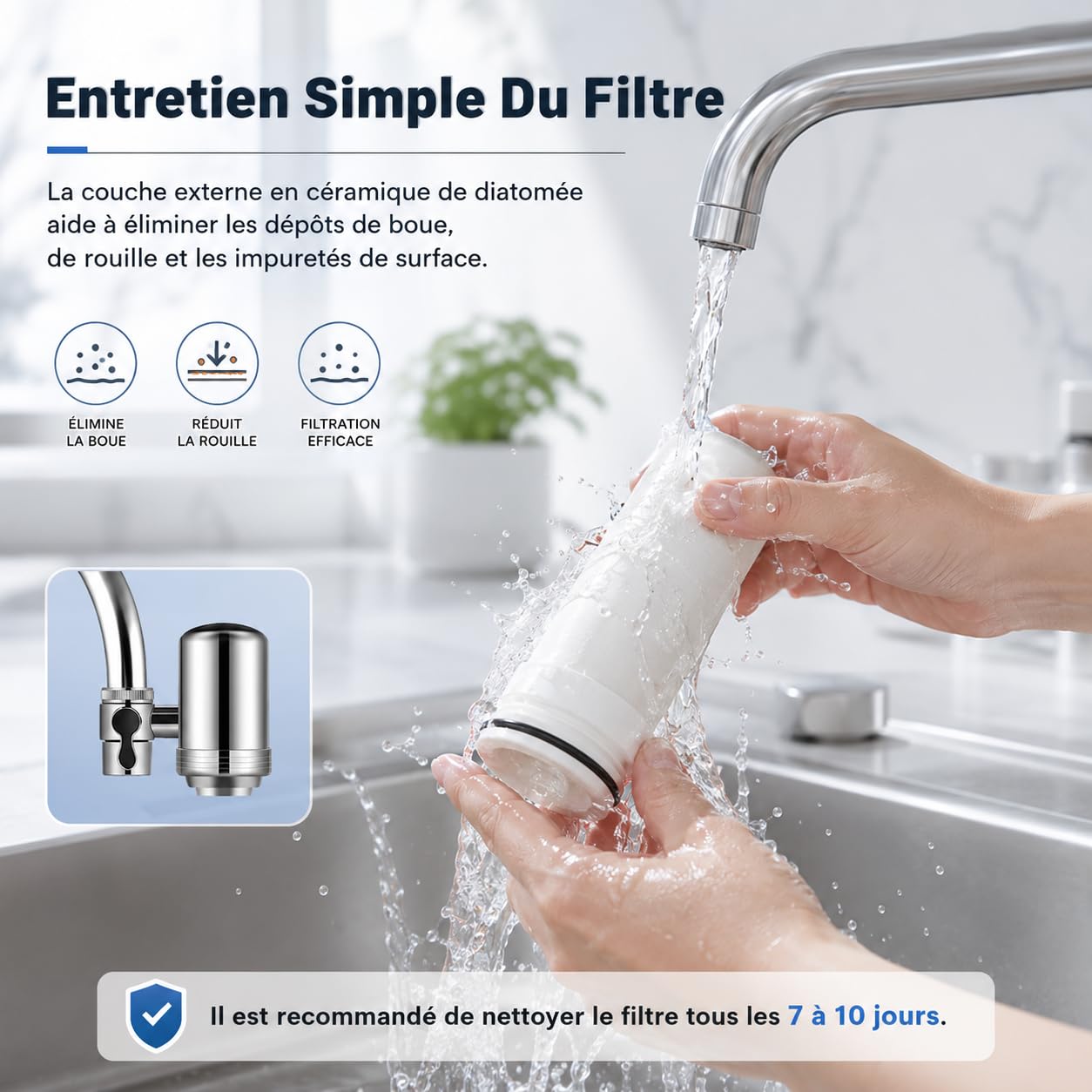 Purificateur d'eau Pureva pour robinets de cuisine, Filtre à Eau de Robinet avec Cartouche Céramique et Charbon Actif, Deux Modes, Acier Inoxydable 304 (3 cartouches filtrantes)