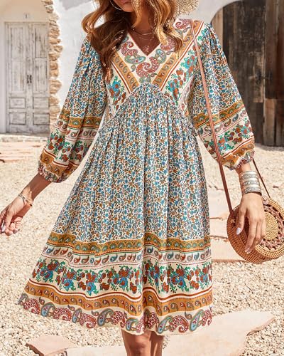 Image of BTFBM Women Casual Spring Summer Dresses V Neck 3 /4 Long Sleeve Ruffle Floral Flowy Boho Babydoll Mini Short Beach Dress
