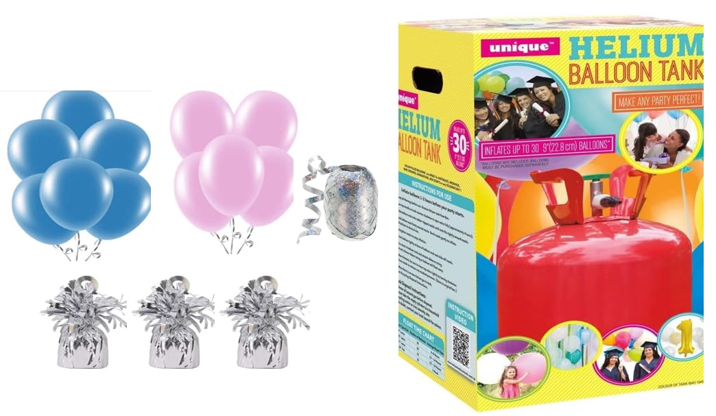 Small helium canister with 6 x12" Pink and 6 x12" Blue latex, 3 Silver weights and 10m Ribbon - Canister fills upto 30 x 9 inch latex