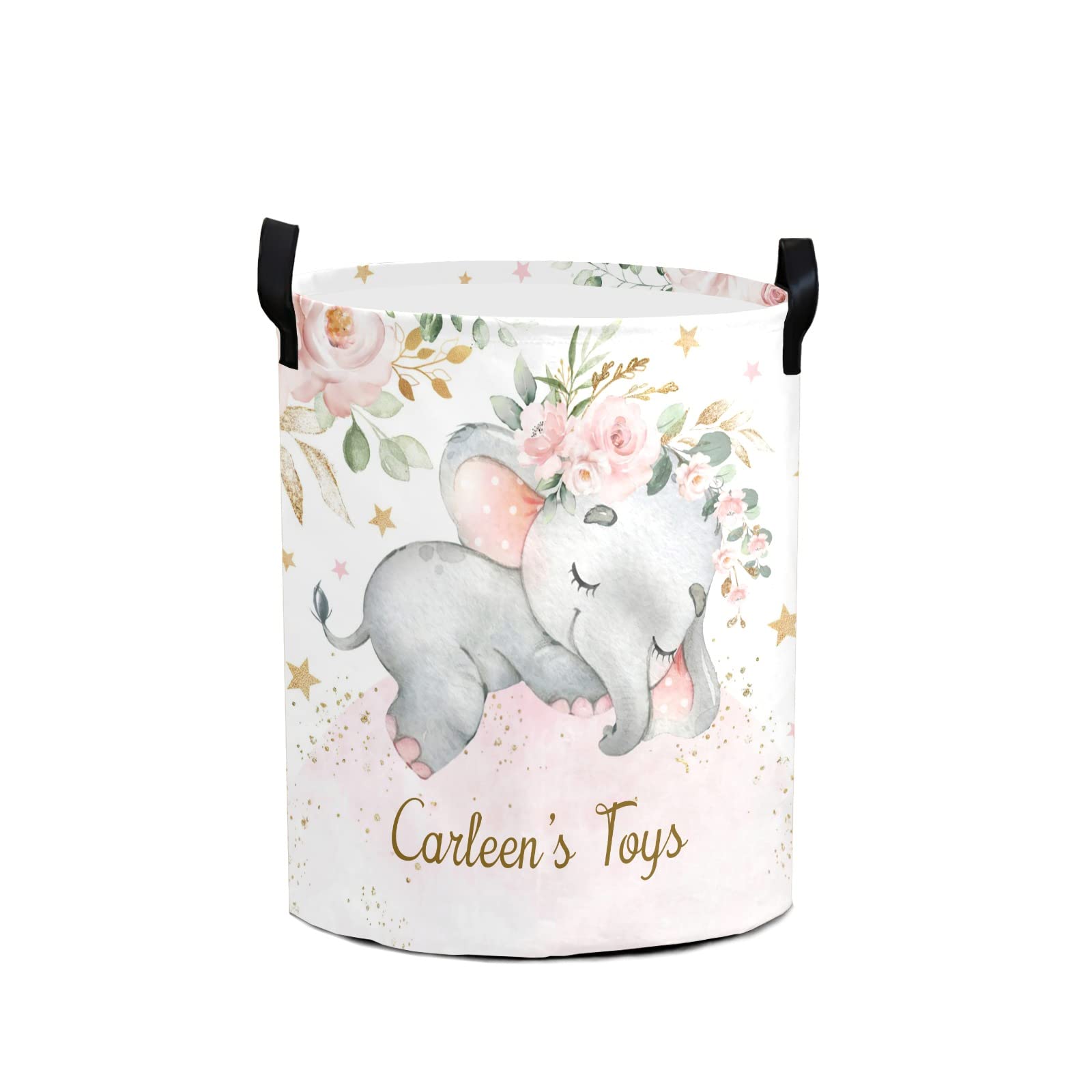 Personalized Laundry Basket, Pink Floral Elephant Custom Storage Bins Laundry Hamper with Name Collapsible Toys Organizer