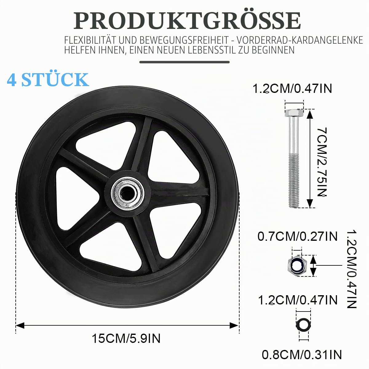 4 Stück 150mm Solide Ersatzräder, Vorderrad für Rollstuhl, Umweltfreundliches Gummimaterial, Ersatzrad für Rollator und Schubkarre