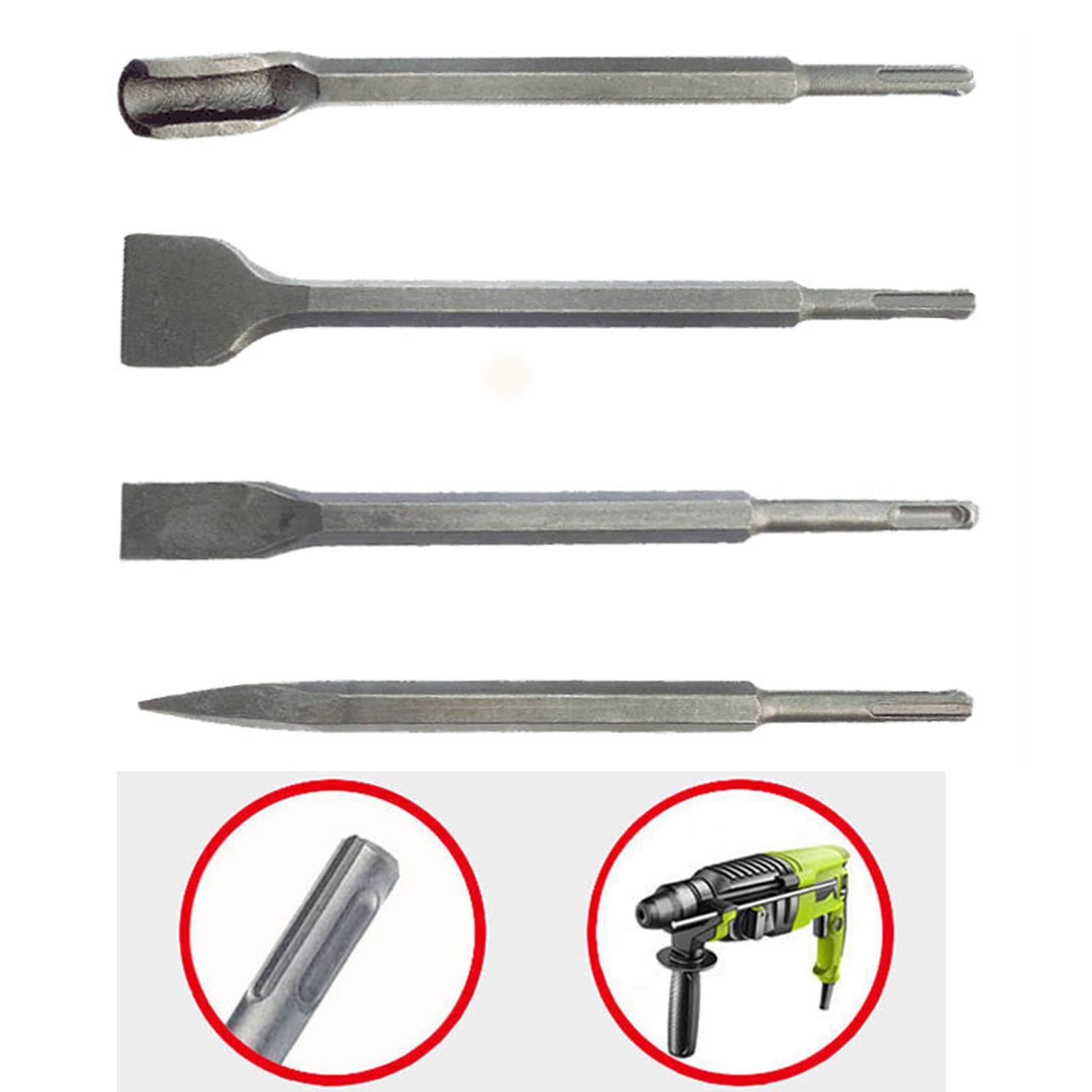 Juego de 4 cinceles para taladro de martillo eléctrico, punta, ranura, herramientas de mampostería plana para hormigón, ladrillo, pared, juego de brocas