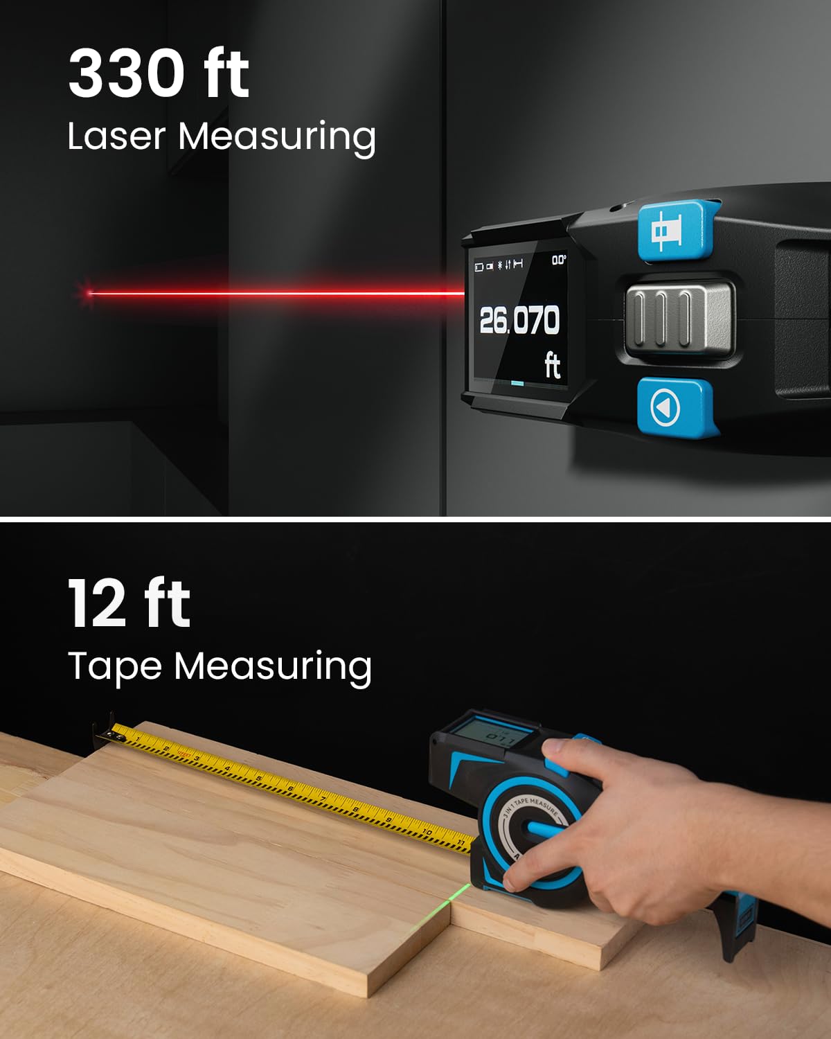 ACEGMET DTX10 Digital Tape Measure - Laser Measurement Tool & Auto Lock Tape with Instant Digital Readout, Green Aligning Laser & Incremental Measurement, USB C Rechargeable | Swappable Battery