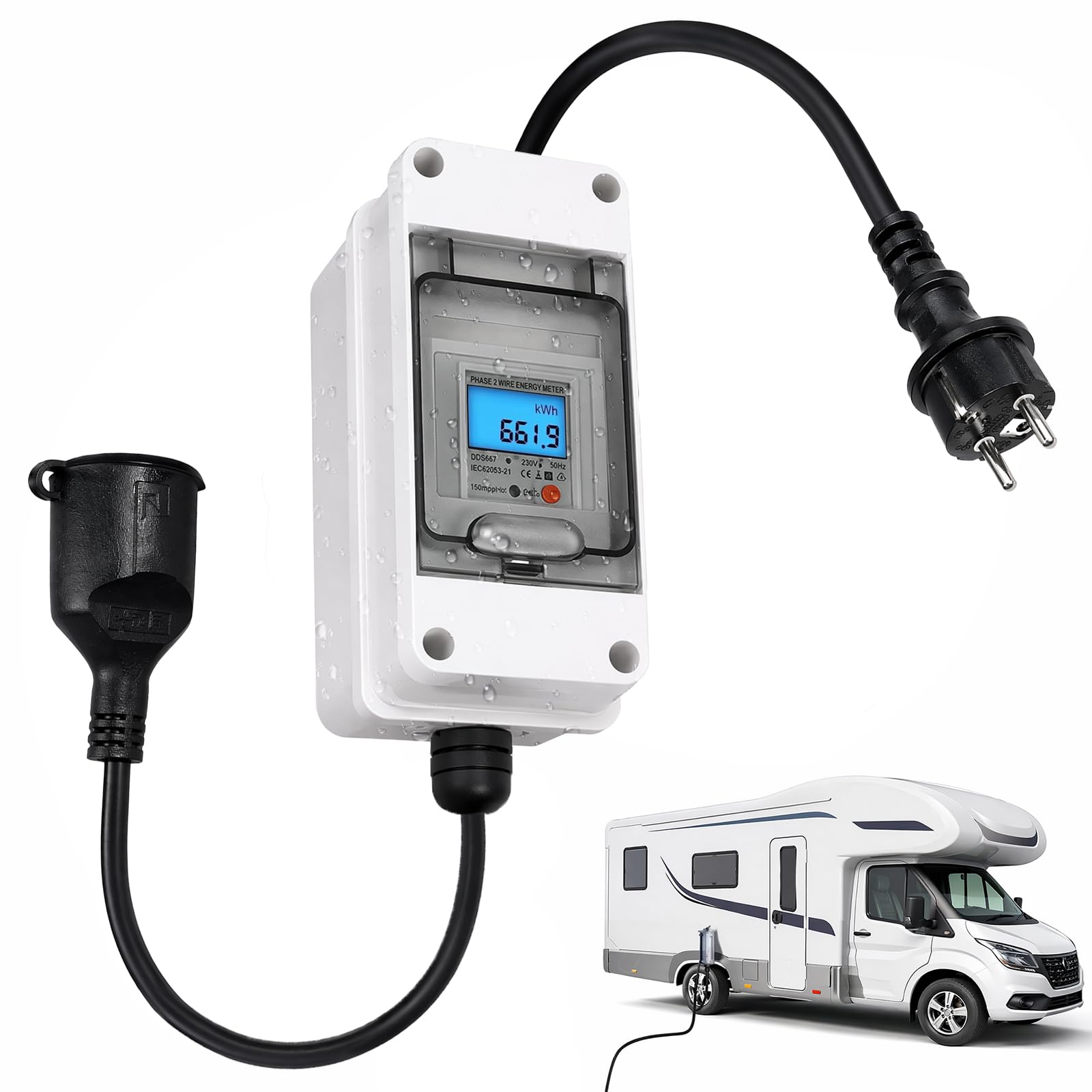 Contatore di energia mobile, contatore digitale di energia con pulsante di reset e funzione di memoria, contatore intermedio per camper
