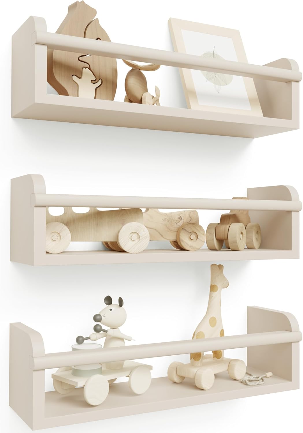 Decorative Nursery Bookshelves for Kids - Set of 3 Easy to Install Floating Shelves for Wall Mount - Beautiful Hanging Organizer Furniture for Your Baby Boy or Girl's Bedroom and Play Room Decor Beige