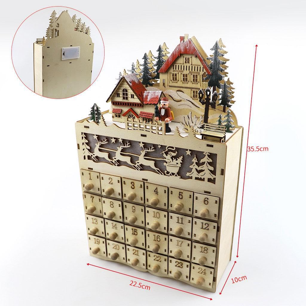 Calendario de Adviento navideño de para Madera con Cuenta Regresiva para Las Fiestas, con 24 cajones extraíbles y Hermosas Luces LED.